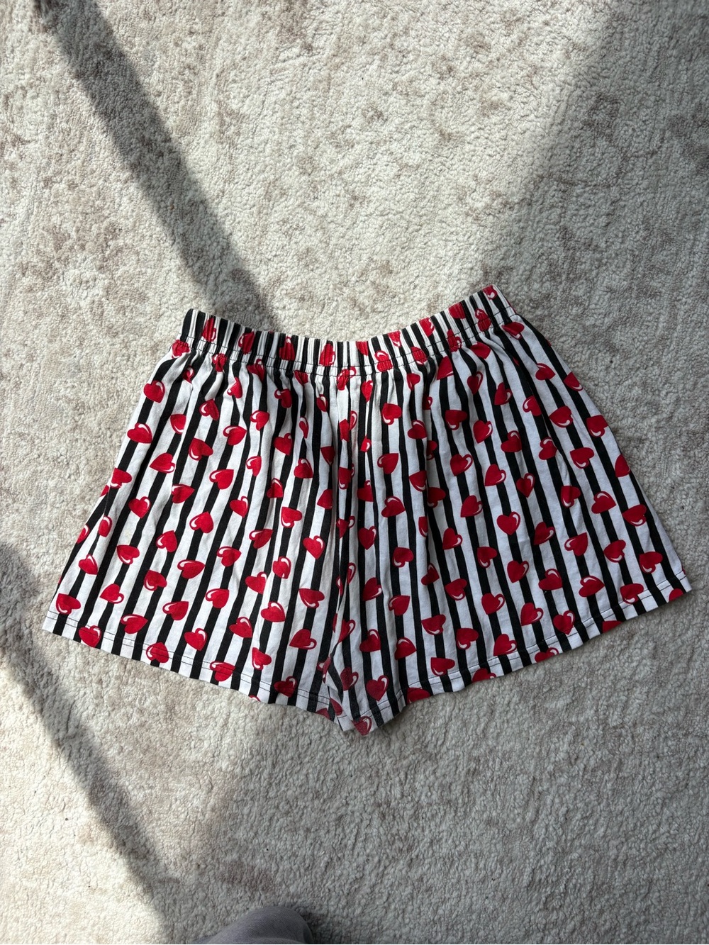 Striped Black & White Shorts with Red Heart Print